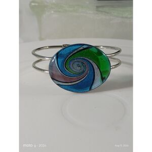Silver Wire Bangle Bracelet Blue Swirl Art Glass Teal Purple Glass Charm